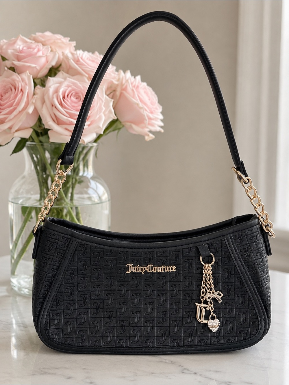 Juicy Couture Black Quilted Logo Shoulder Bag with Gold Charm